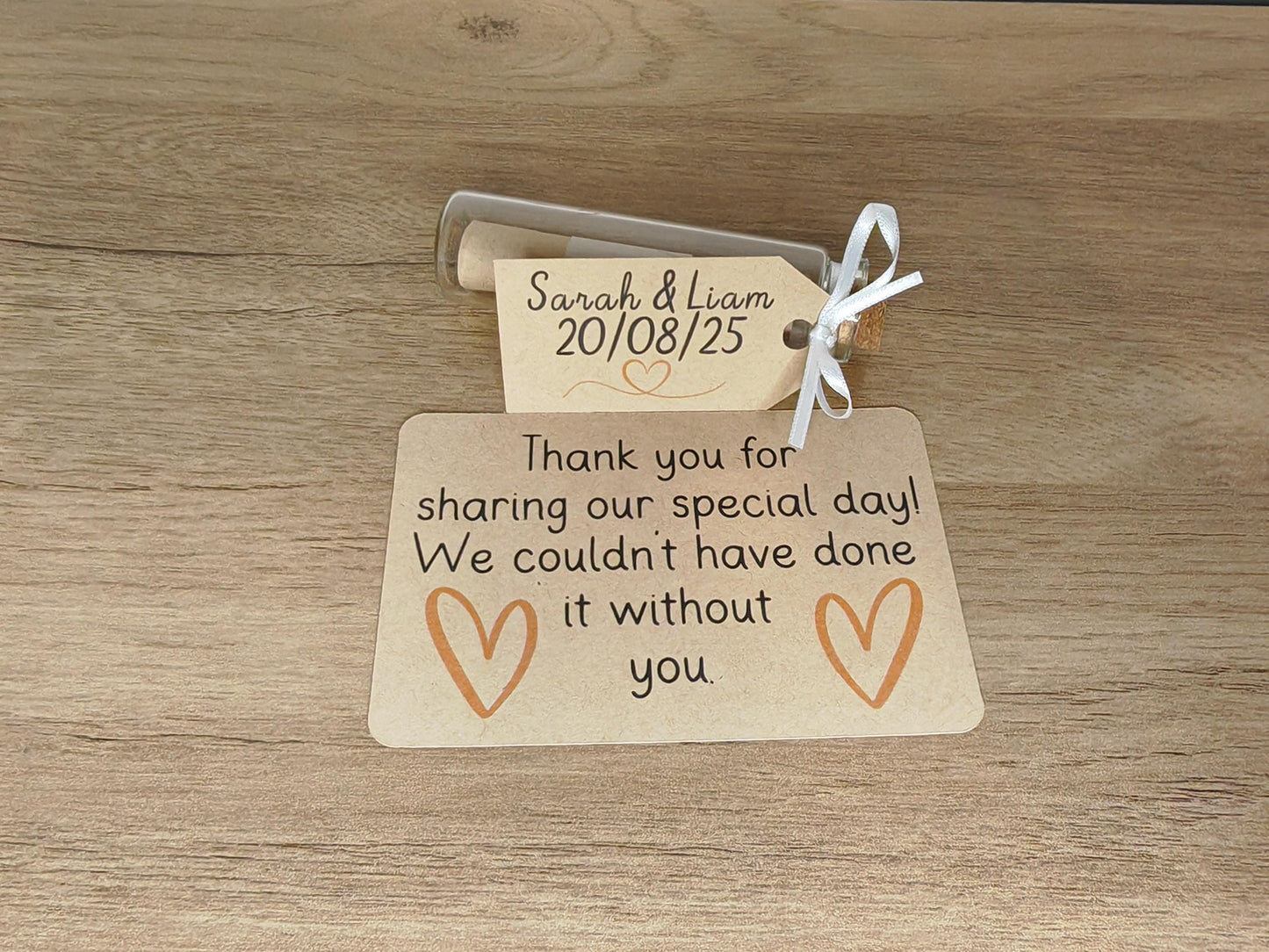 Message in a bottle - glass wedding favour with tag