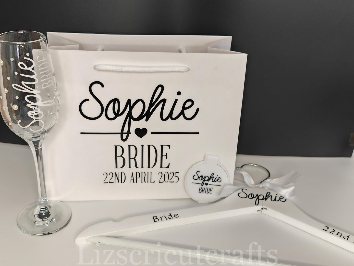Bridesmaid gift set Bundle/Proposal gift or Thank you gift - Gift Bag, Hanger, Champagne Glass, compact mirror & Spa slippers