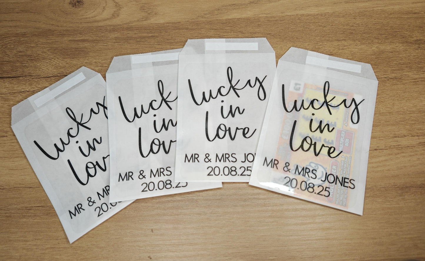Scratch card holder wedding favours - glassine bags