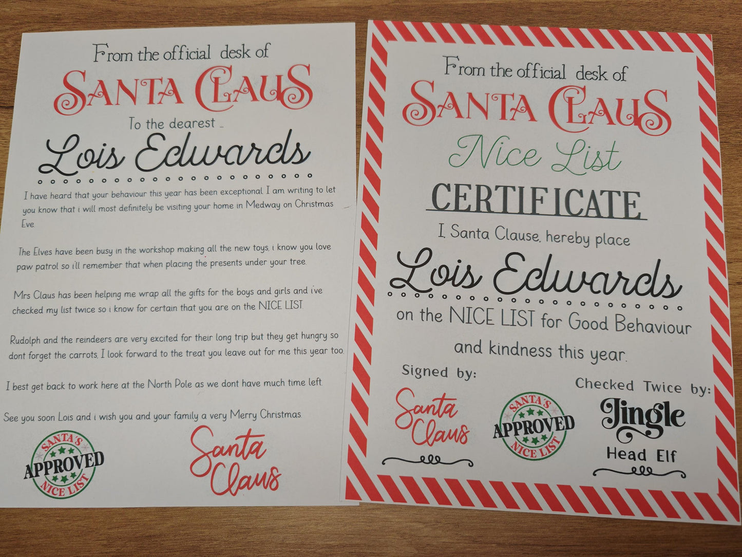 Personalised Christmas Letter from Santa clause and Nice List certificate.