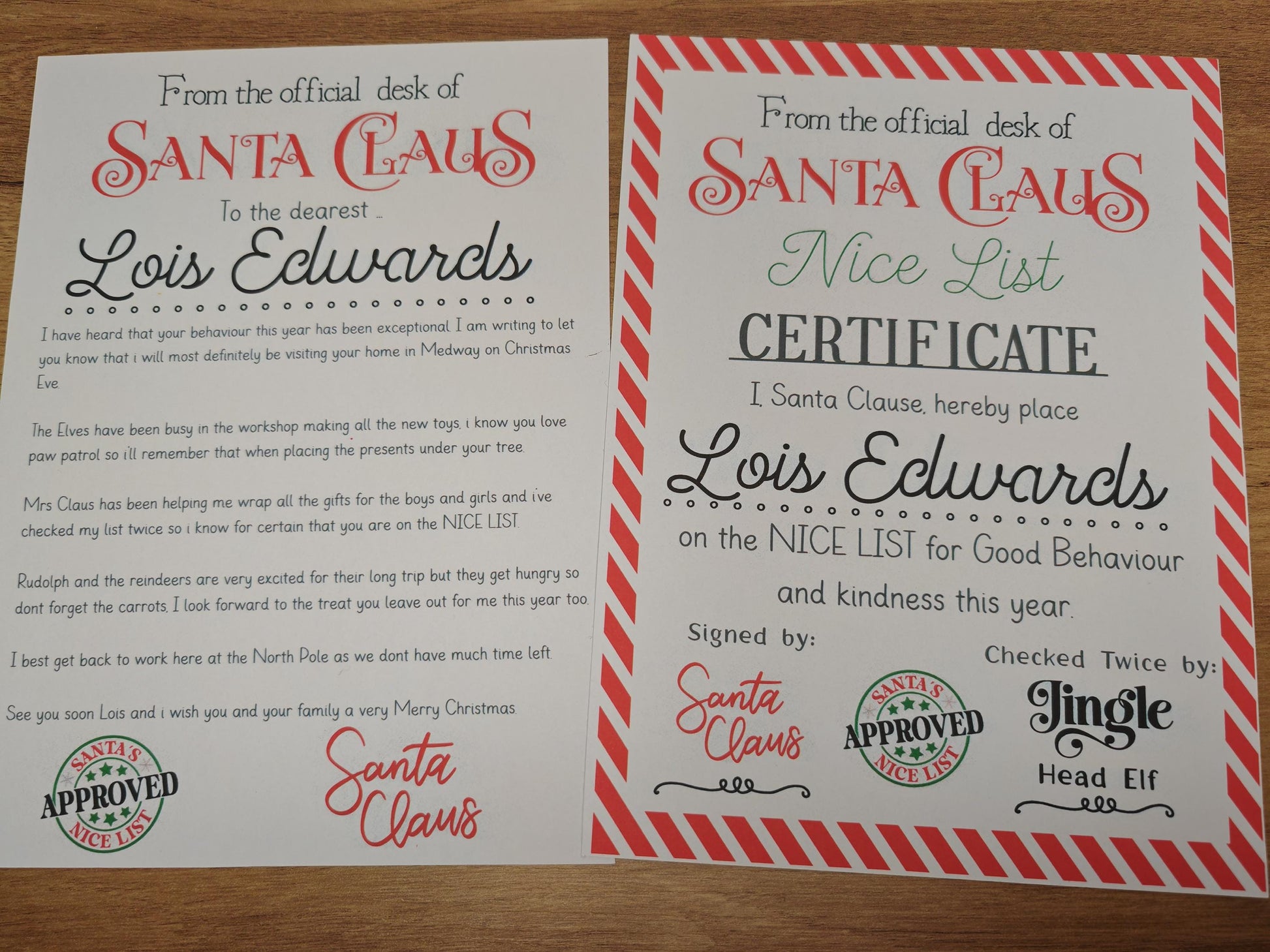 Personalised Christmas Letter from Santa clause and Nice List certificate.