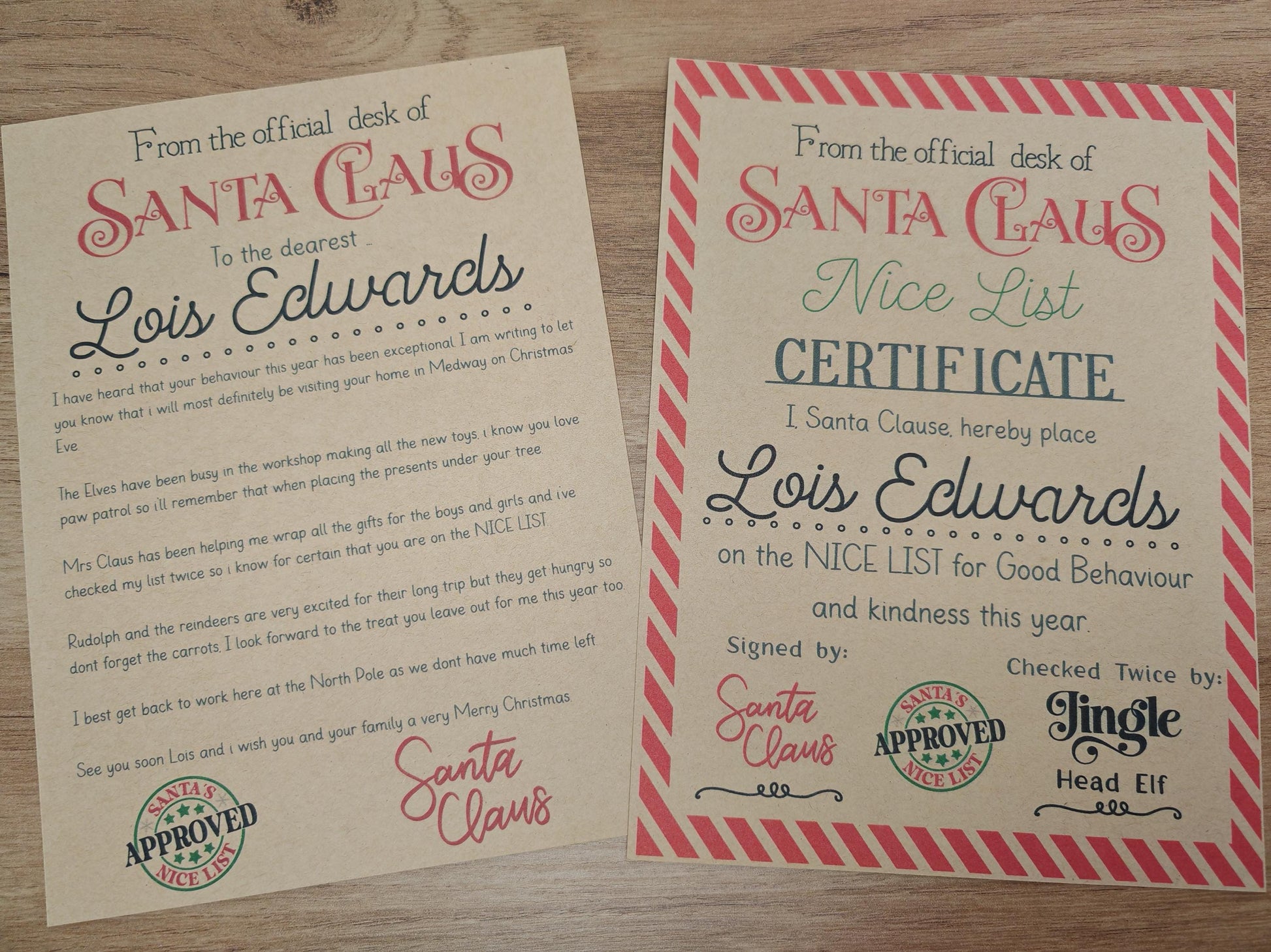Personalised Christmas Letter from Santa clause and Nice List certificate.