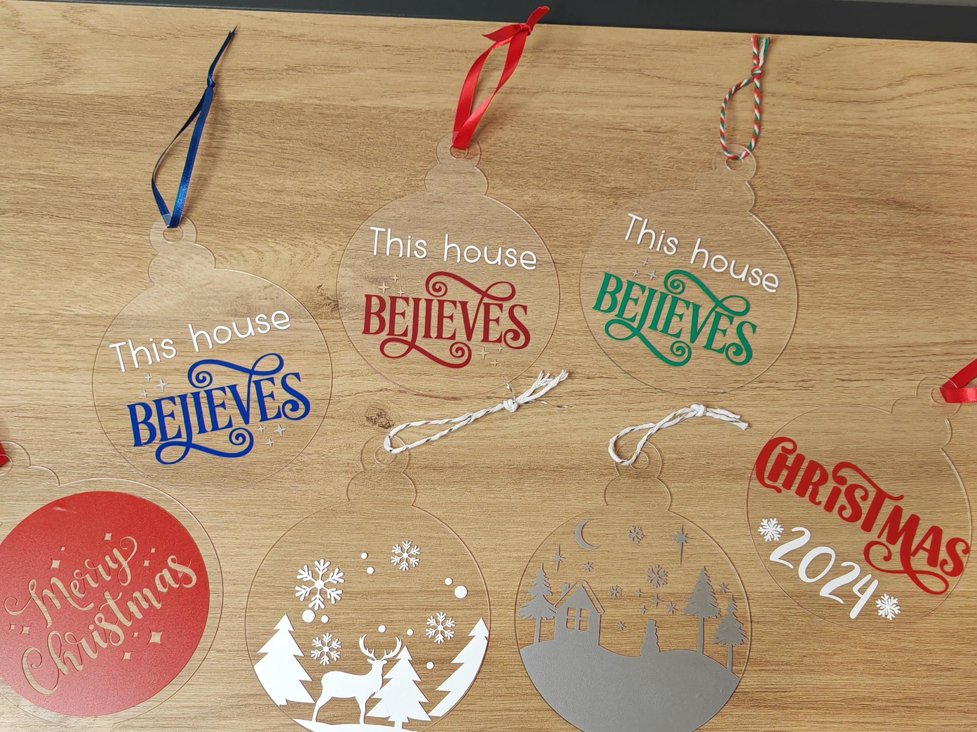 large 10cm Acrylic Bauble - This house believes - Blue