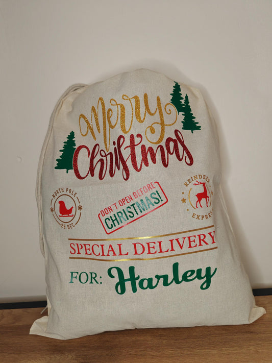 Personalised santa sack - christmas stocking, gift bag, christmas eve bag