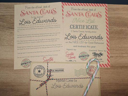 Personalised Christmas Letter from Santa clause and Nice List certificate.