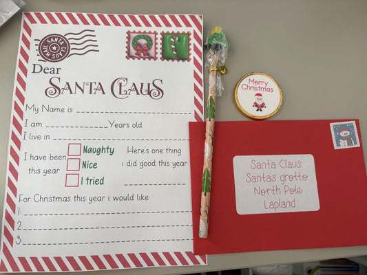 Write to santa letter set - letter, envelope, christmas themed pencil and a chocolate coin